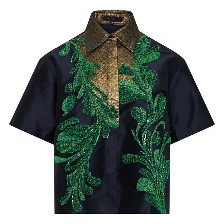 Embellished Taffeta Short Sleeve Blouse