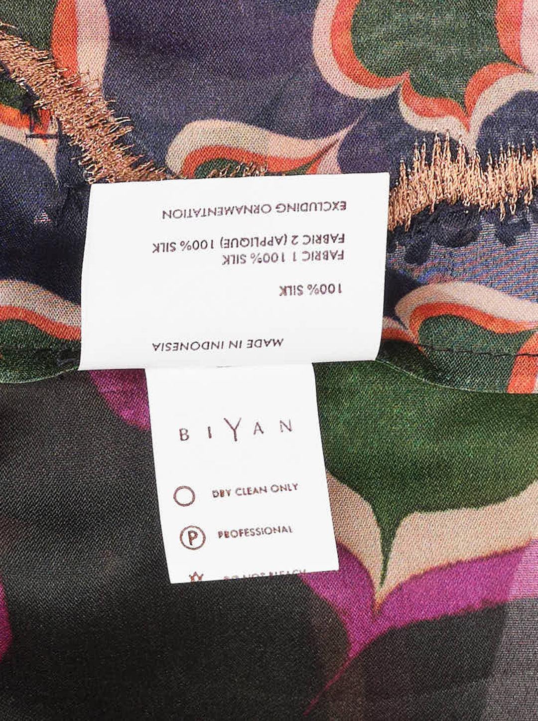Biyan embellished mix-print organza silk top with contrasting floral medallion body print and oversized bloom kimono sleeves, featuring beaded scrollwork along the shoulder and hem - view 4