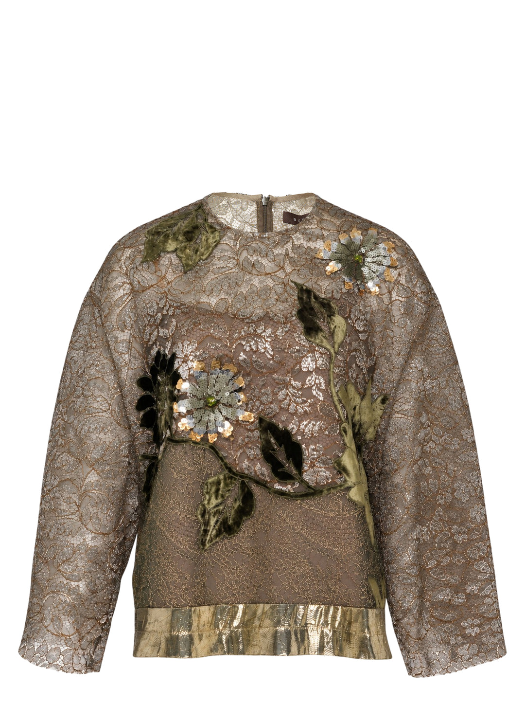 Biyan beaded lace and lamé long sleeve top with sequined floral appliqués, velvet leaf embroidery, and a metallic pleated hem band