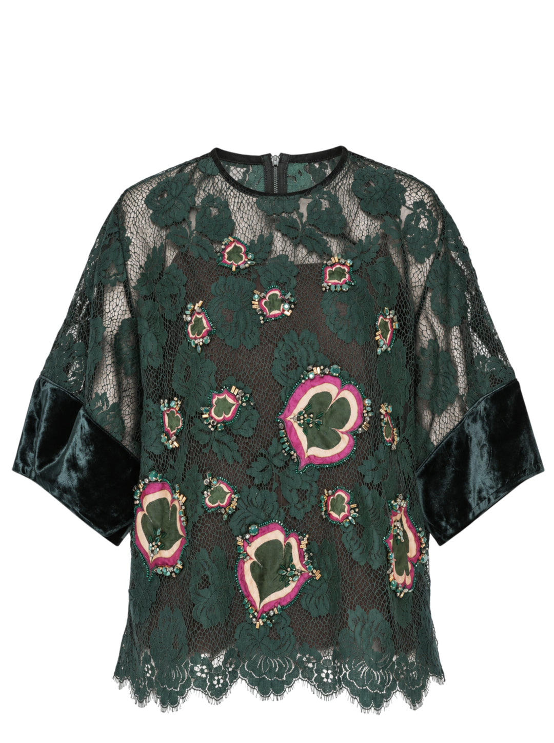 Biyan beaded lace and velvet blouse in deep green, featuring floral lace overlay, jewelled velvet appliqués with crystal embroidery, velvet sleeve panels, crew neck with rear zip, and a scalloped lace hem