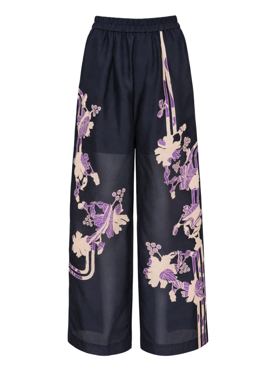 Biyan floral organza silk wide-leg pants in navy with blush and purple botanical print and elasticated waistband