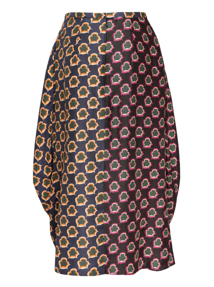Biyan mix print pleated silk midi skirt with contrasting black magenta and navy amber floral block-print panels and sculptural draped silhouette - view 2