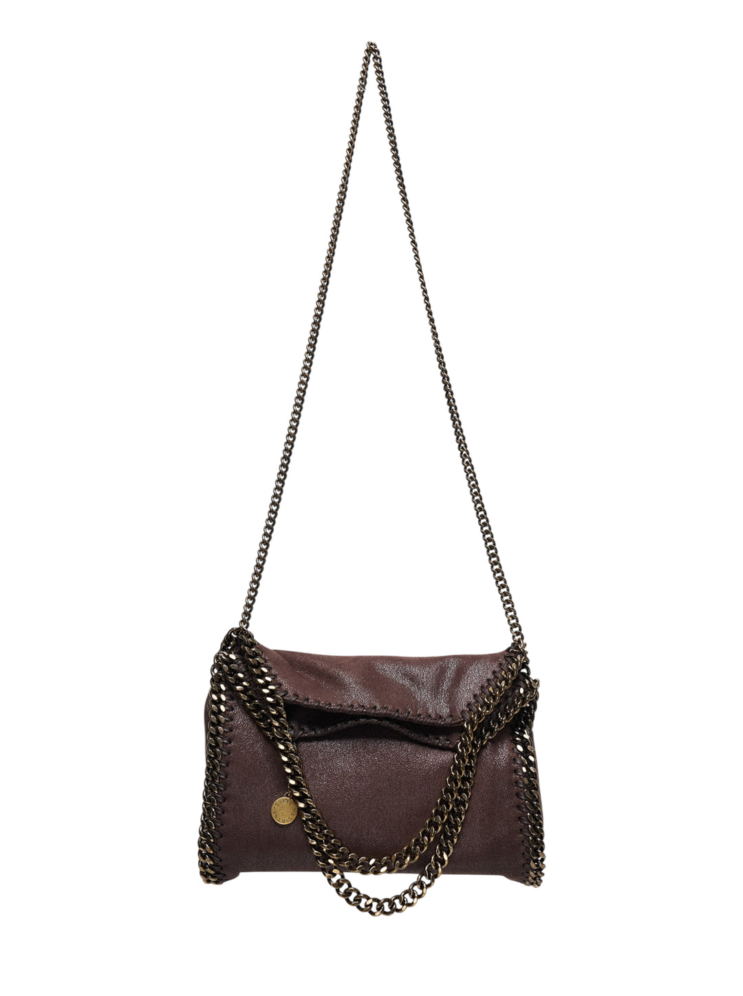 Stella McCartney Falabella Mini crossbody bag in deep burgundy eco shaggy material with gunmetal chain edging and long chain strap