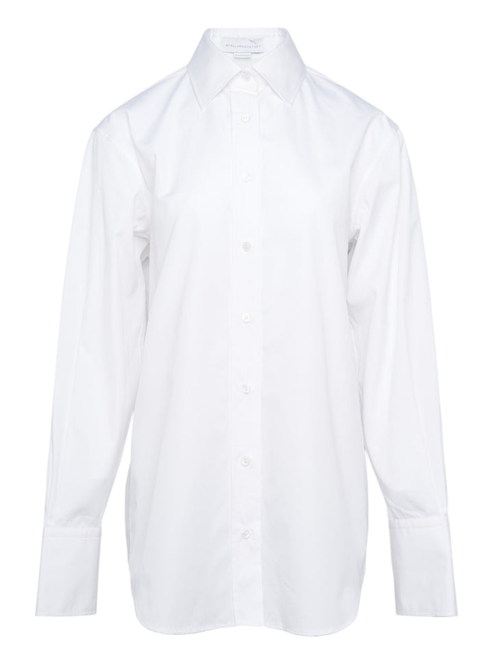 Stella McCartney white cotton poplin open-back shirt with classic pointed collar, full-length button front fastening, long sleeves, and buttoned cuffs