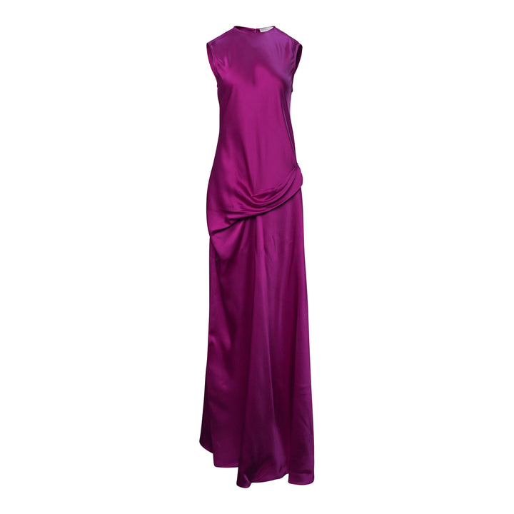 Stella McCartney Draped Satin Gown in magenta, sleeveless floor-length silhouette with gathered hip draping and luminous satin finish