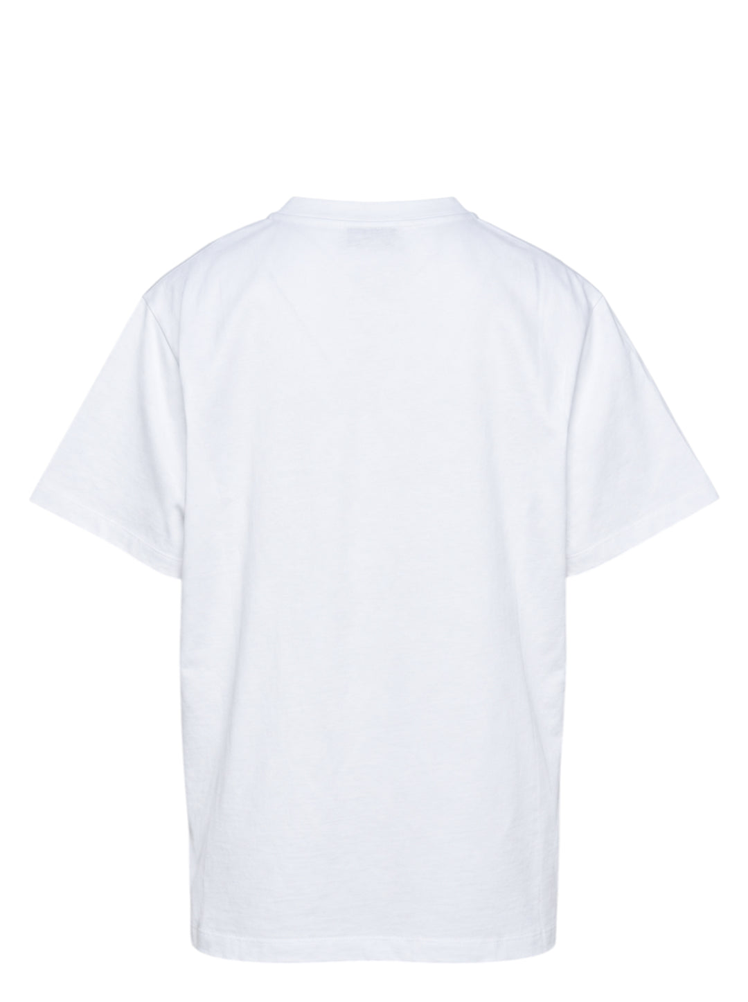 Stella McCartney white boyfriend T-shirt with a multicolour crochet heart appliqué at the chest and tonal logo print, shown flat on a white background - view 2
