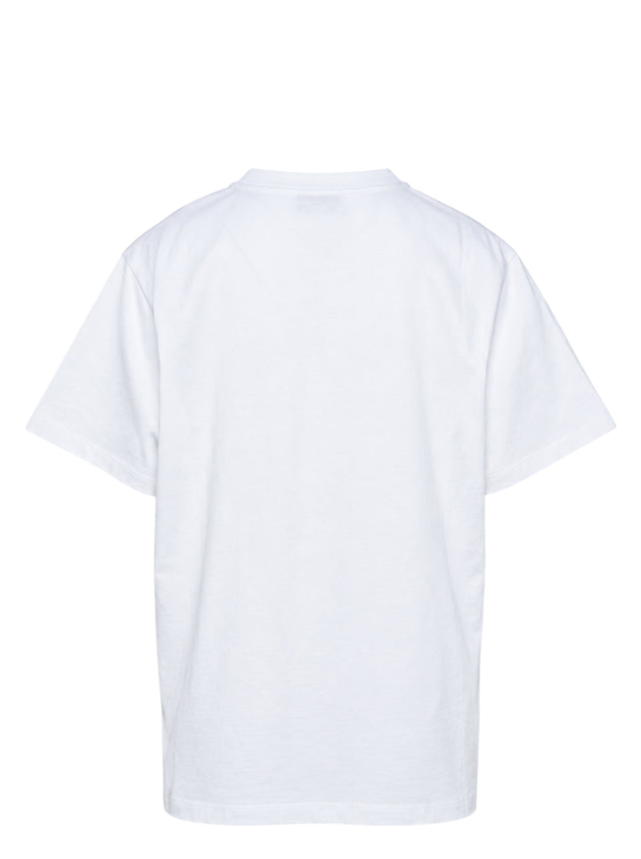 Stella McCartney white boyfriend T-shirt with a multicolour crochet heart appliqué at the chest and tonal logo print, shown flat on a white background - view 2
