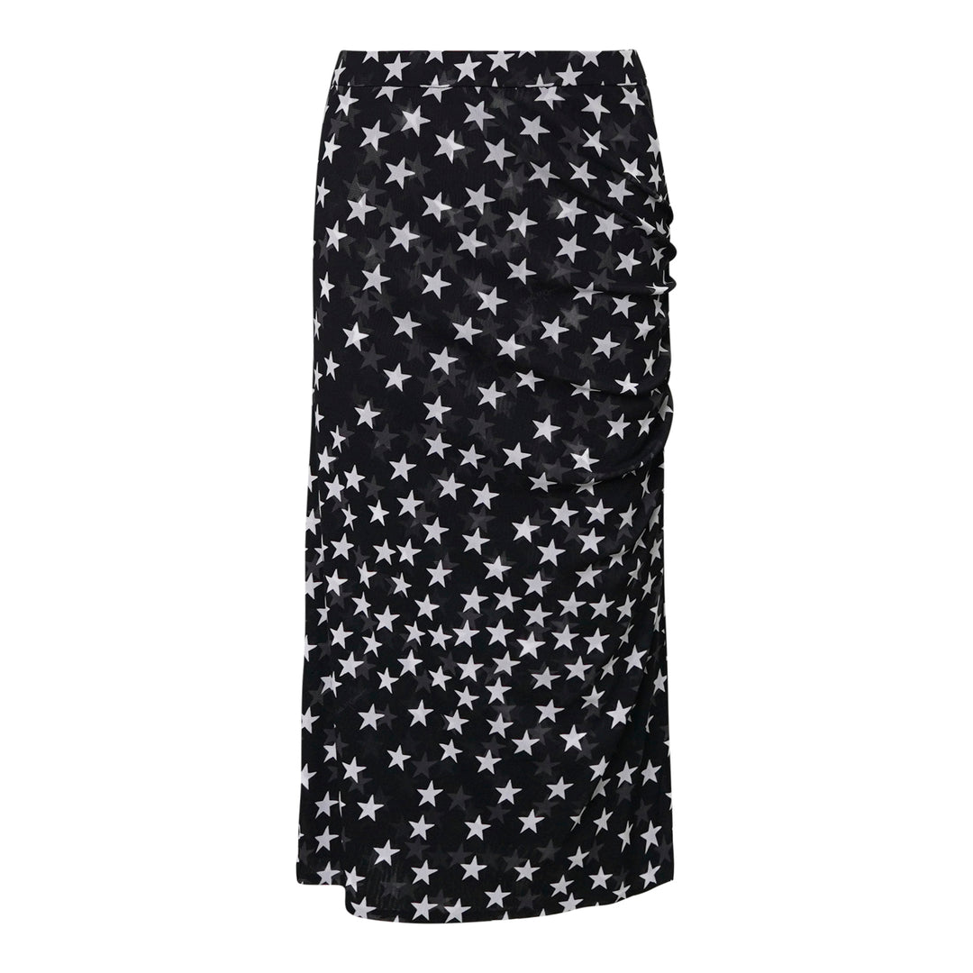 Stella McCartney black mesh midi skirt with all-over white star print and ruched side detailing, shown on a white background