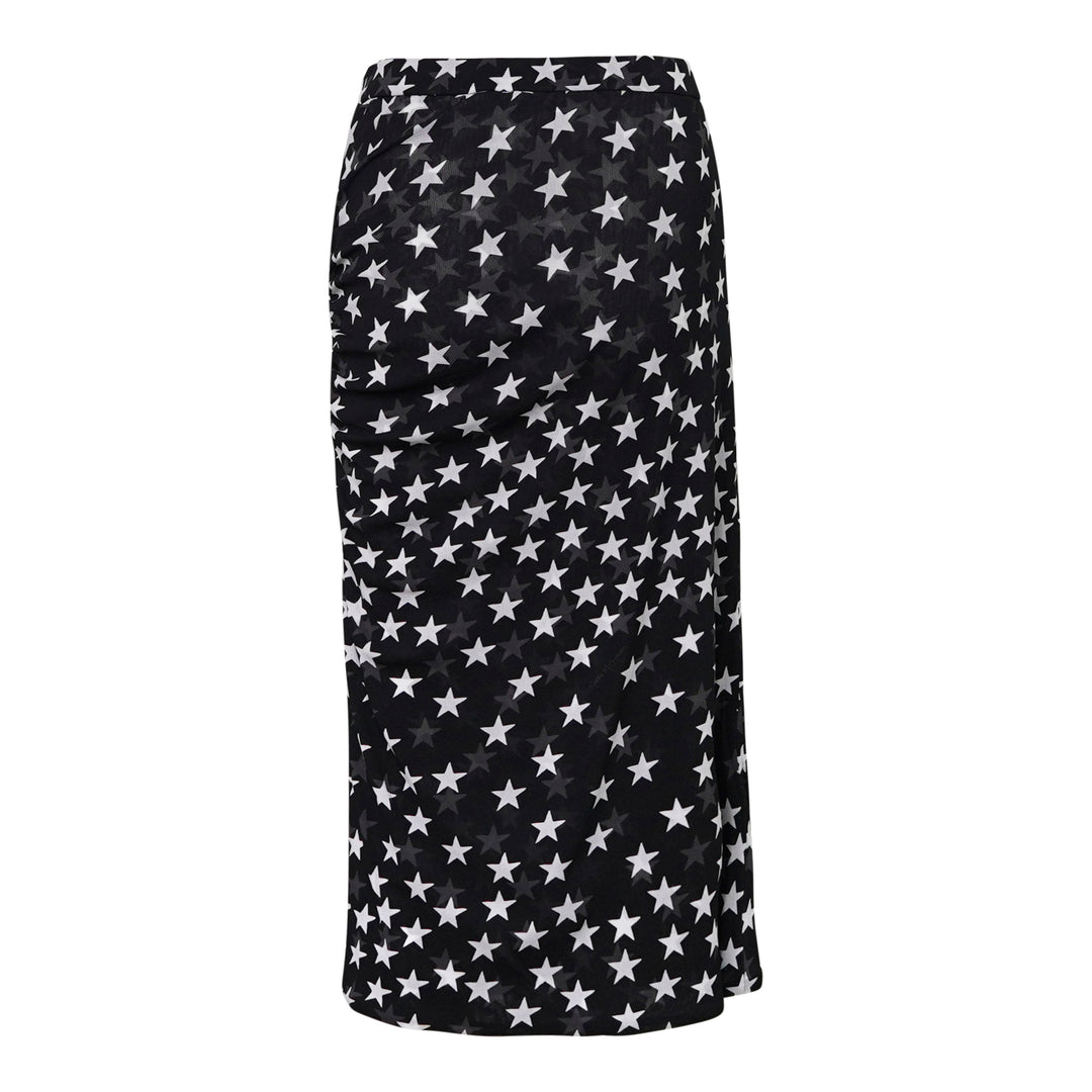 Stella McCartney black mesh midi skirt with all-over white star print and ruched side detailing, shown on a white background - view 2