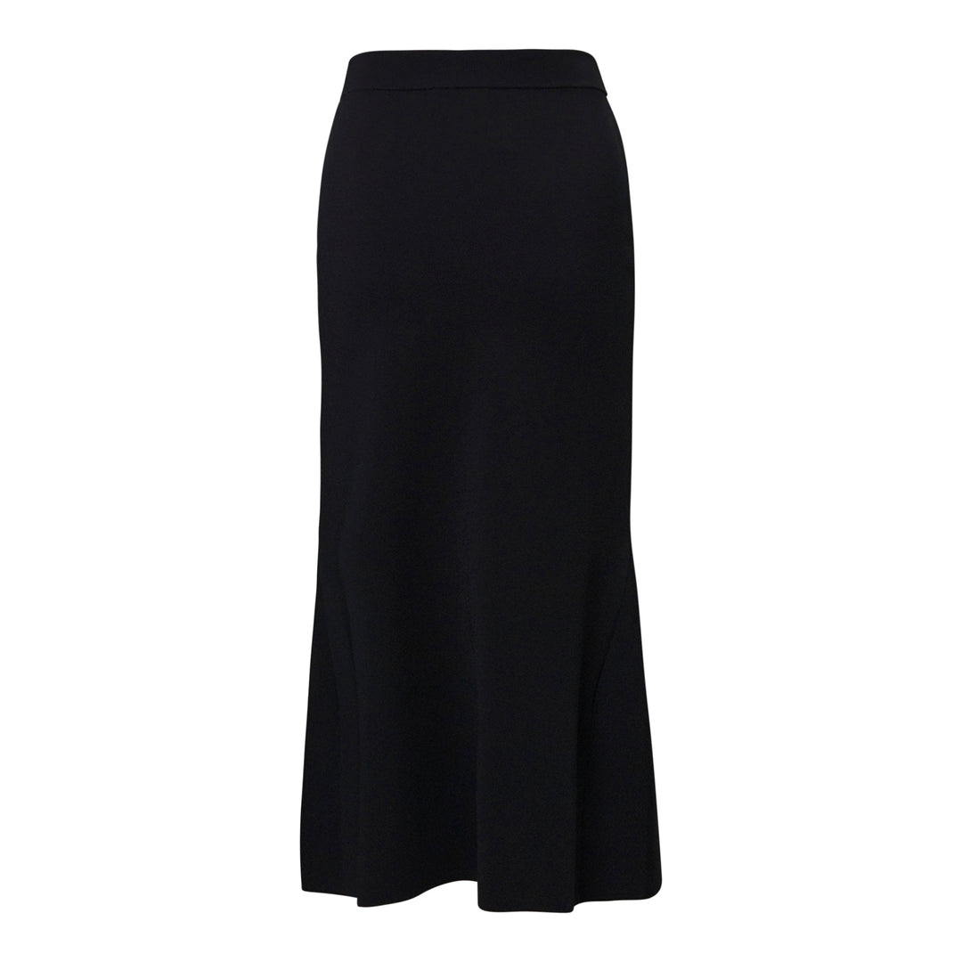 Stella McCartney Compact Knit Flared Midi Skirt in black, featuring a fitted silhouette with a wide waistband and a dramatic flounced hem panel, photographed flat on a white background - view 2