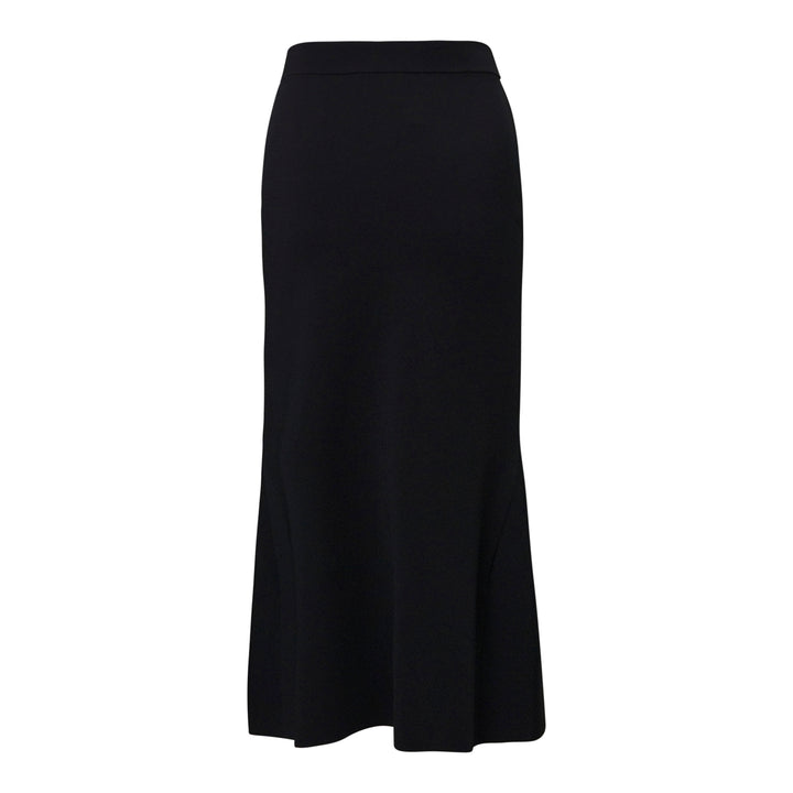 Stella McCartney Compact Knit Flared Midi Skirt in black, featuring a fitted silhouette with a wide waistband and a dramatic flounced hem panel, photographed flat on a white background - view 2