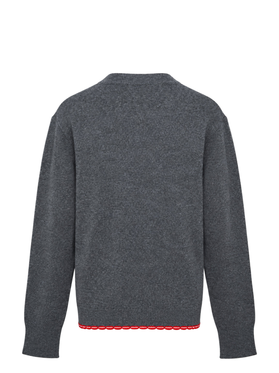 Stella McCartney heather grey wool jumper with multicolour crochet heart appliqué at the chest and red scalloped logo hem trim, front view - view 2