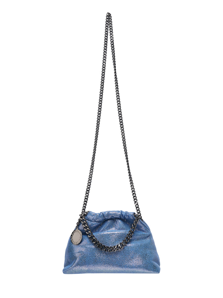 Stella McCartney Falabella Mini Drawstring Bag in metallic blue faux leather with gunmetal curb chain strap and perimeter trim, featuring a circular logo charm