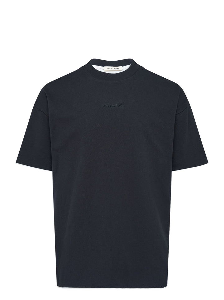 Fear of God ESSENTIALS Classic Double Layer Tee in black with white undertee at the neckline and hem and tonal embroidered logo at the chest