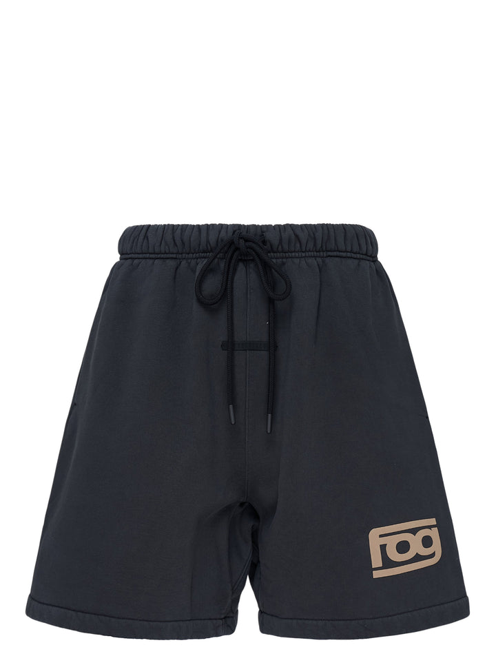 Fear of God Essentials washed black fleece shorts with drawstring waist and beige 'fog' logo print at the hem