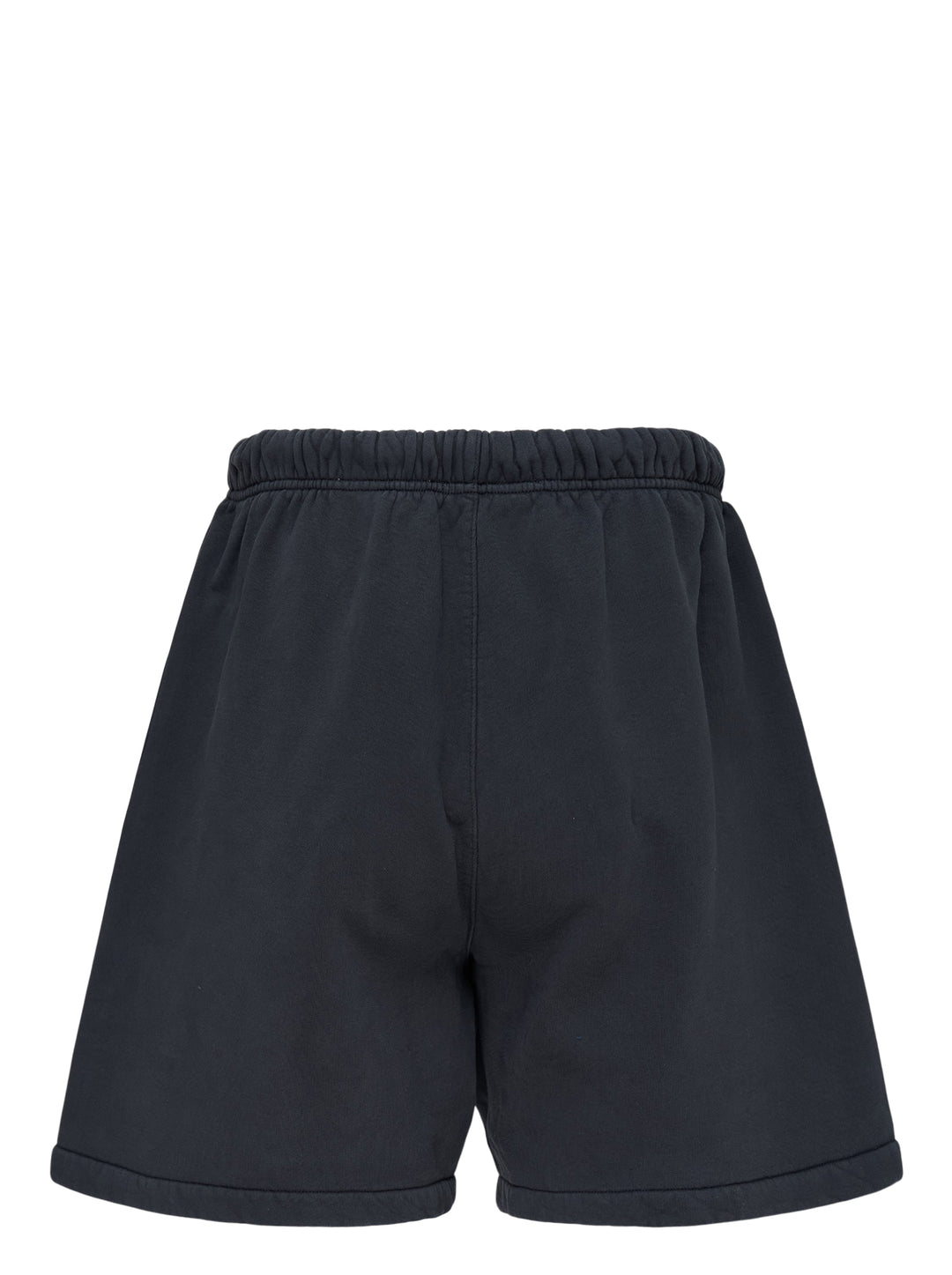 Fear of God Essentials washed black fleece shorts with drawstring waist and beige 'fog' logo print at the hem - view 2