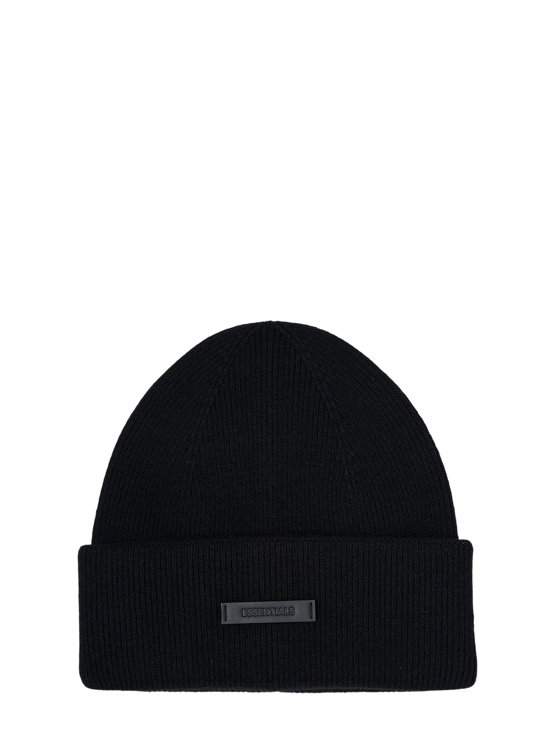 Fear of God ESSENTIALS black ribbed knit beanie with fold-over cuff and tonal rubber logo patch