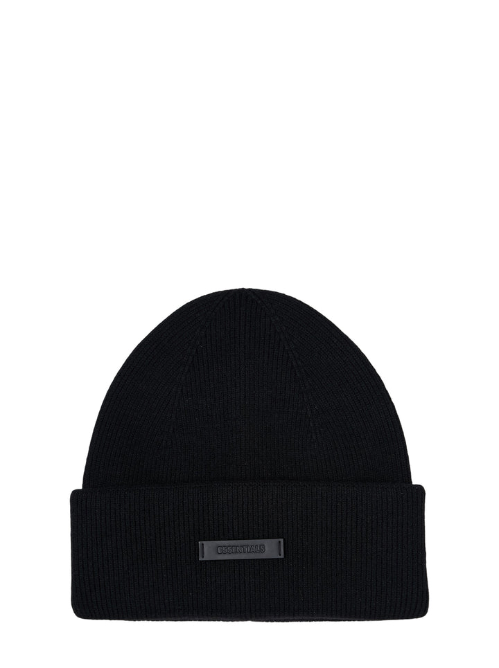 Fear of God ESSENTIALS black ribbed knit beanie with fold-over cuff and tonal rubber logo patch
