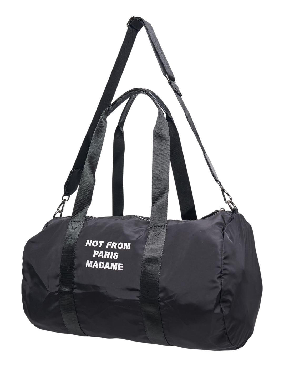 Drôle de Monsieur black nylon cylindrical gym bag with 'Not From Paris Madame' slogan print, dual handles, and detachable shoulder strap - view 2