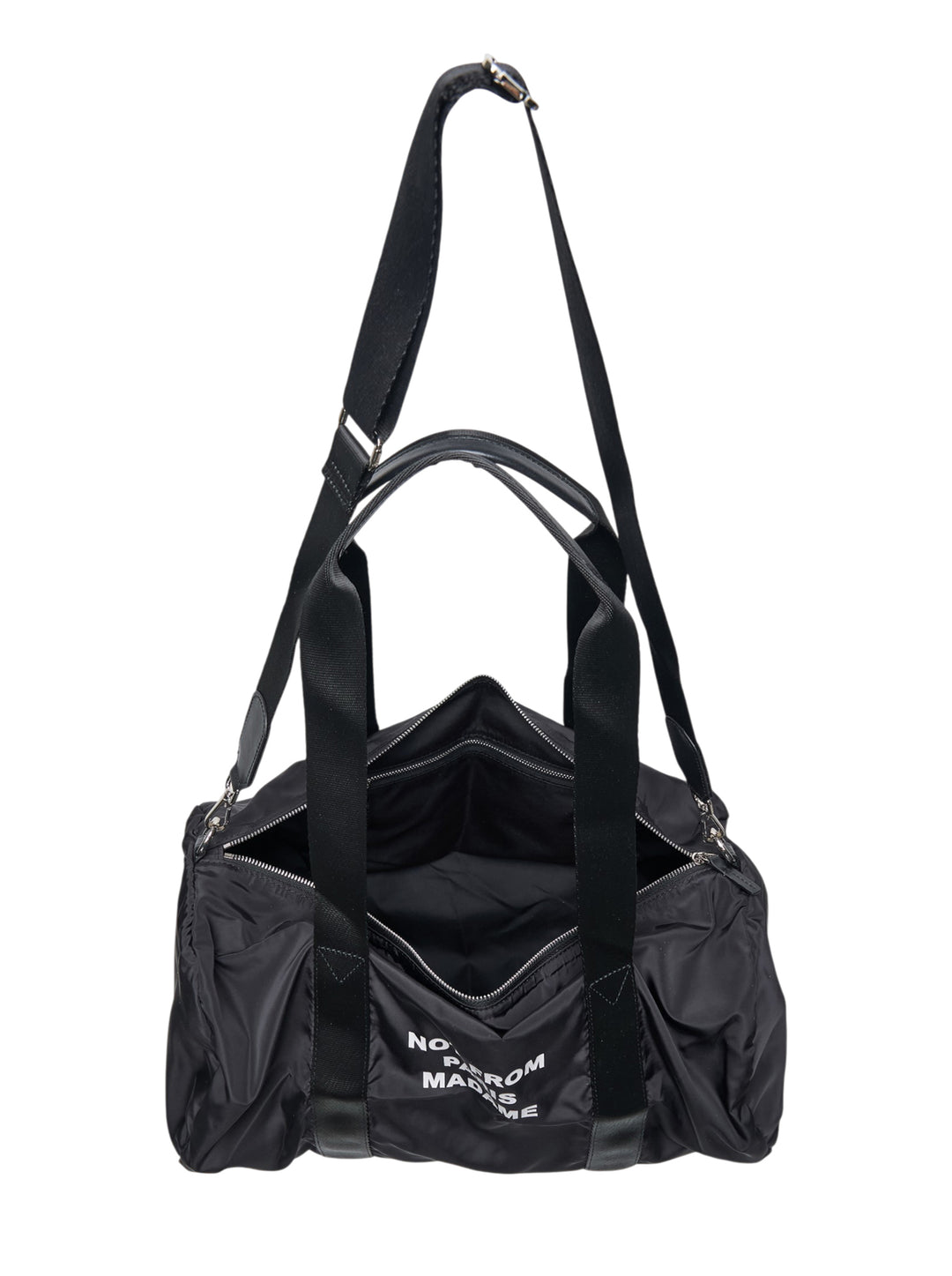 Drôle de Monsieur black nylon cylindrical gym bag with 'Not From Paris Madame' slogan print, dual handles, and detachable shoulder strap - view 3