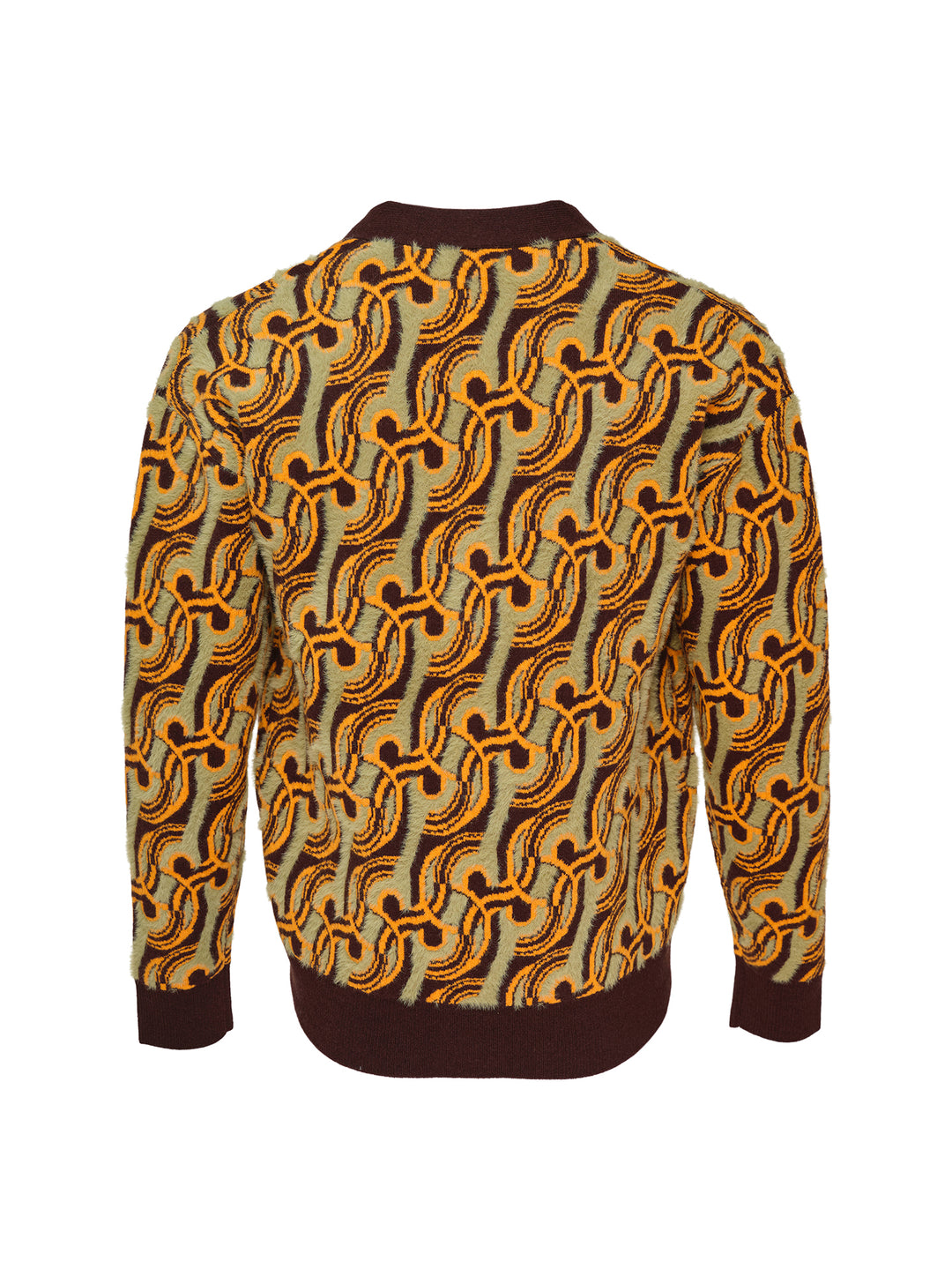 Drôle de Monsieur Mirror Abstrait Cardigan with all-over amber and sage swirl jacquard pattern, deep V-neck, burgundy ribbed trims, and horn-effect button fastening - view 2