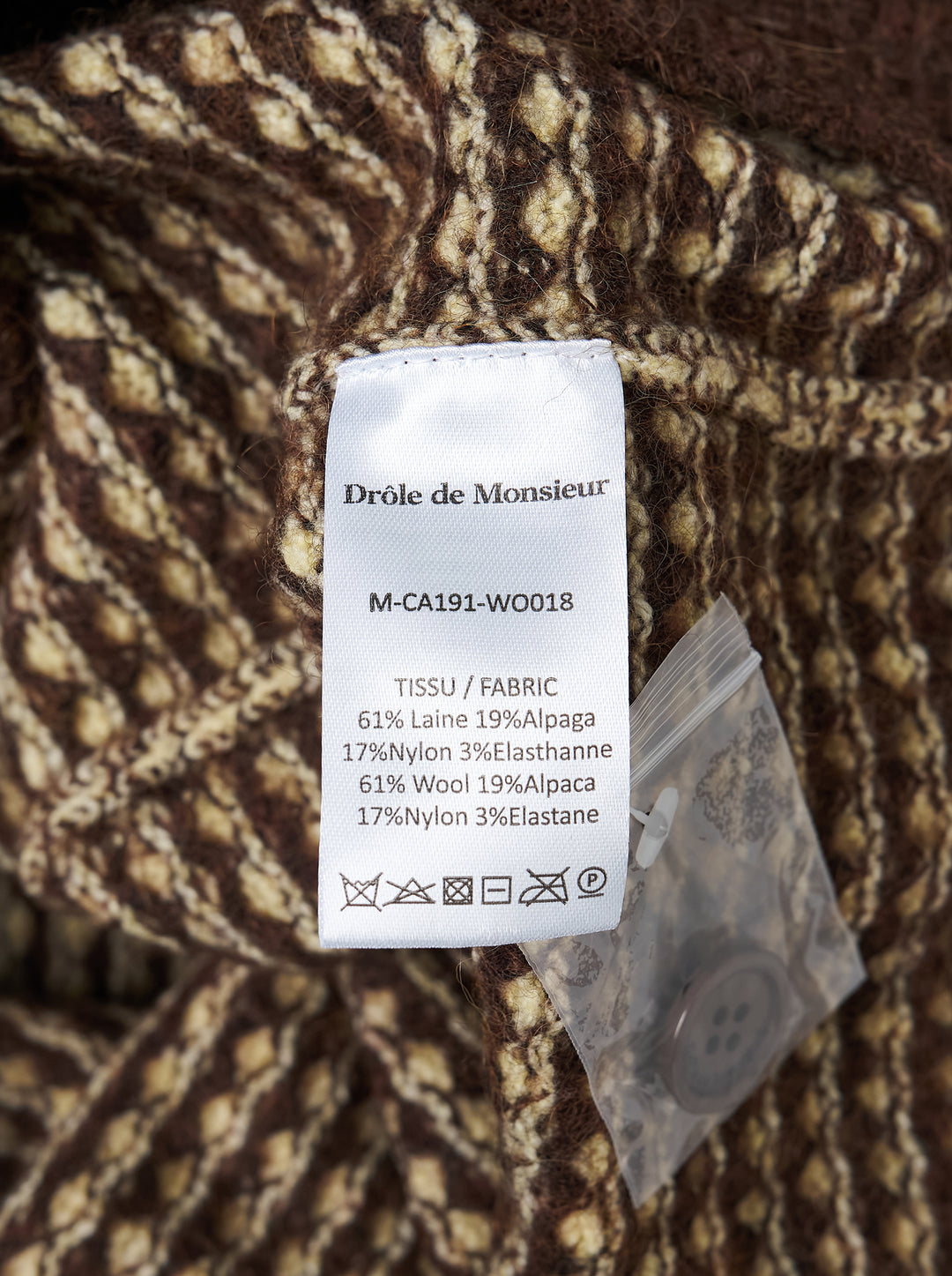 Drôle de Monsieur waffle knit cardigan in cream with brown contrast collar, button placket, cuffs, hem and patch pockets - view 3