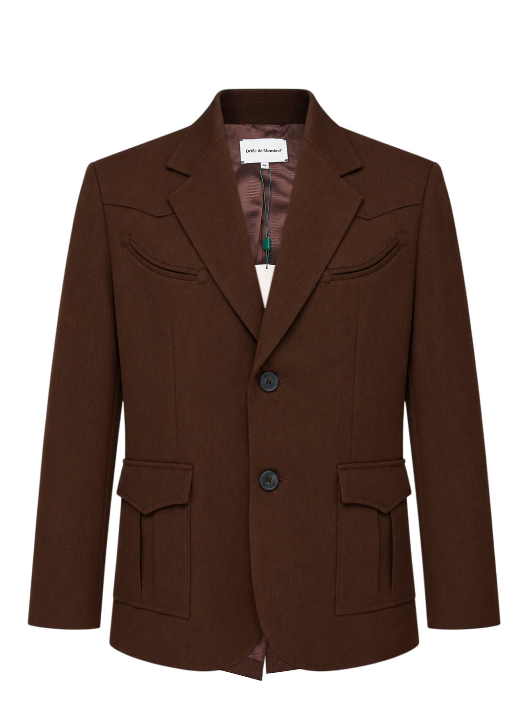 Drôle de Monsieur Western single-breasted jacket in chocolate brown with notched lapels, yoked shoulders, smile chest pockets and flap pockets