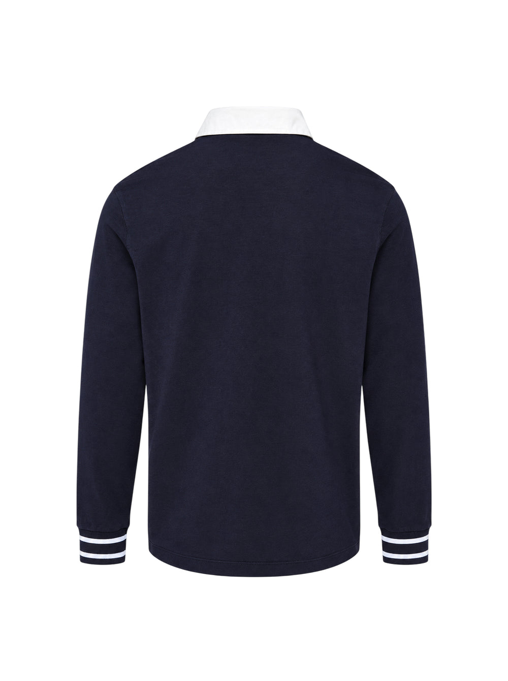 Drôle de Monsieur Slogan Long Sleeve Polo in navy with contrast white collar, striped ribbed cuffs, and 'Not From Paris Madame' chest embroidery - view 2
