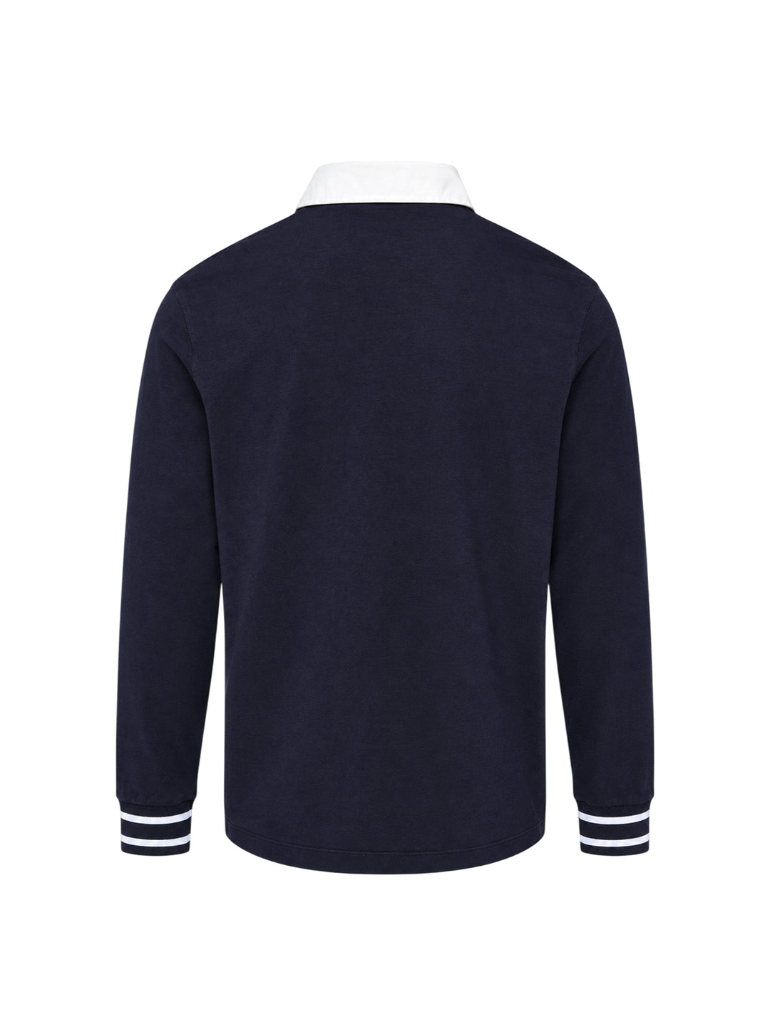 Drôle de Monsieur Slogan Long Sleeve Polo in navy with contrast white collar, striped ribbed cuffs, and 'Not From Paris Madame' chest embroidery - view 2