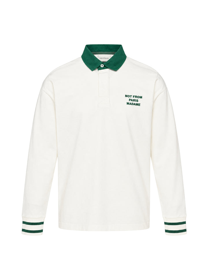 Drôle de Monsieur Slogan Long Sleeve Polo in cream with forest-green contrast collar, striped ribbed cuffs, and 'Not From Paris Madame' chest embroidery