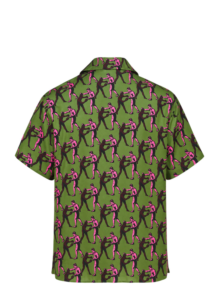 Drôle de Monsieur Notcha short sleeve shirt in green with an all-over pink and burgundy vintage boxing print, camp collar and white buttons - view 2