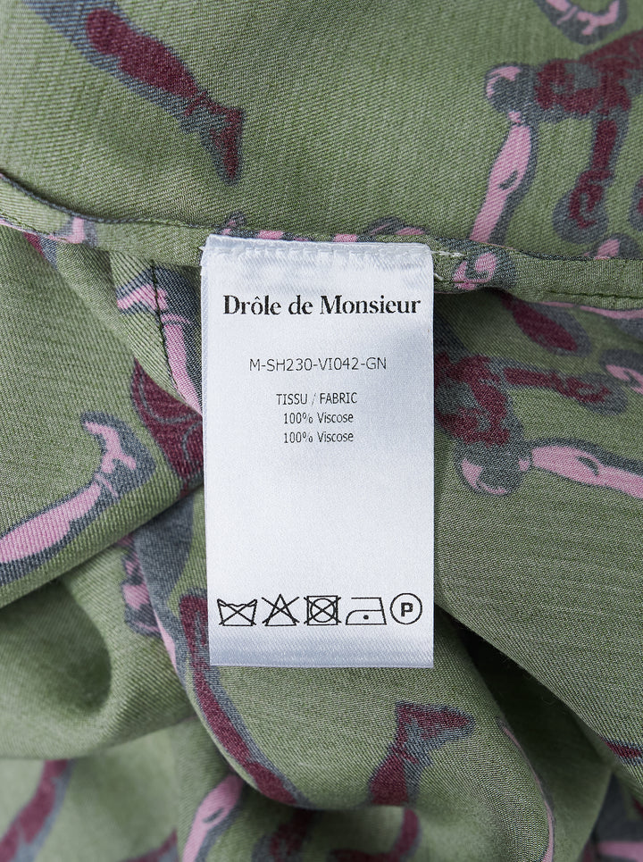 Drôle de Monsieur Notcha short sleeve shirt in green with an all-over pink and burgundy vintage boxing print, camp collar and white buttons - view 3