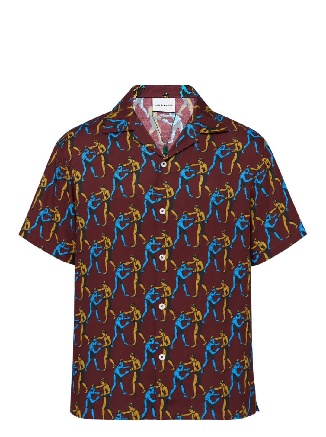 Drôle de Monsieur Notcha short sleeve shirt with an all-over vintage boxing print in blue and ochre on burgundy, featuring a camp collar and white buttons