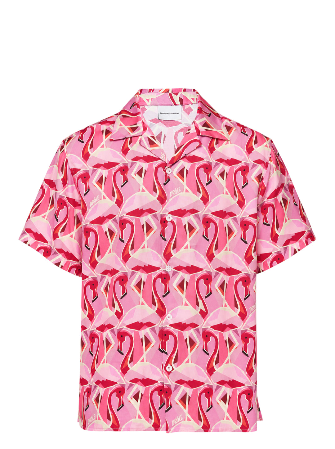 Drôle de Monsieur Notcha short sleeve shirt with an allover geometric pink and red flamingo print, camp collar and front button closure