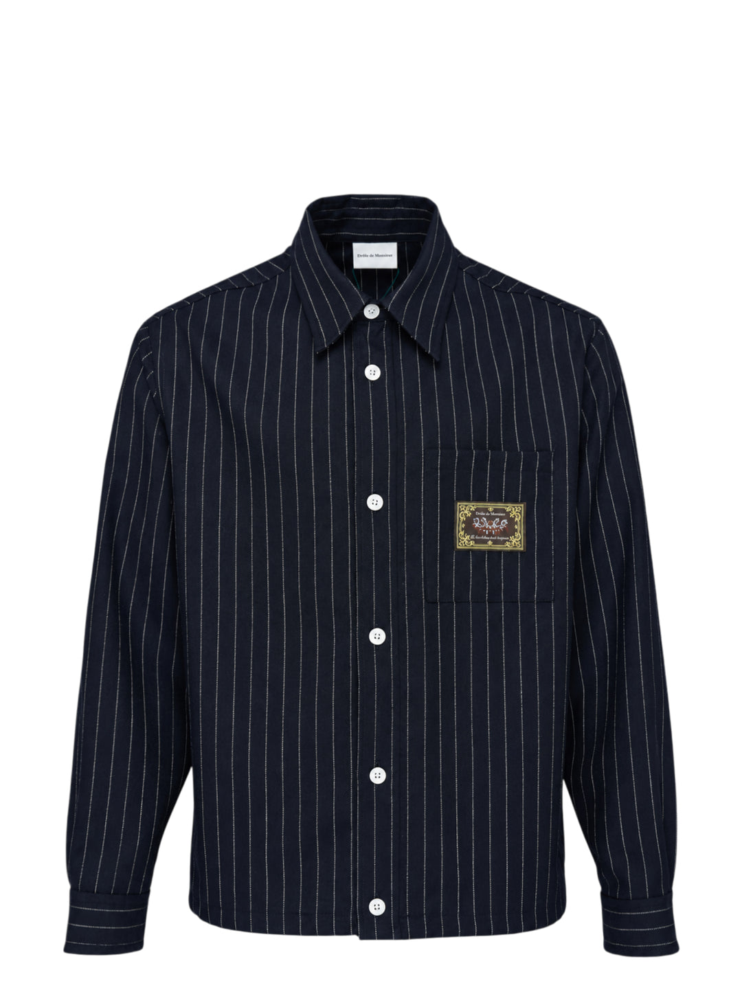 Drôle de Monsieur navy pinstripe long sleeve shirt with white buttons and a woven label on the chest pocket