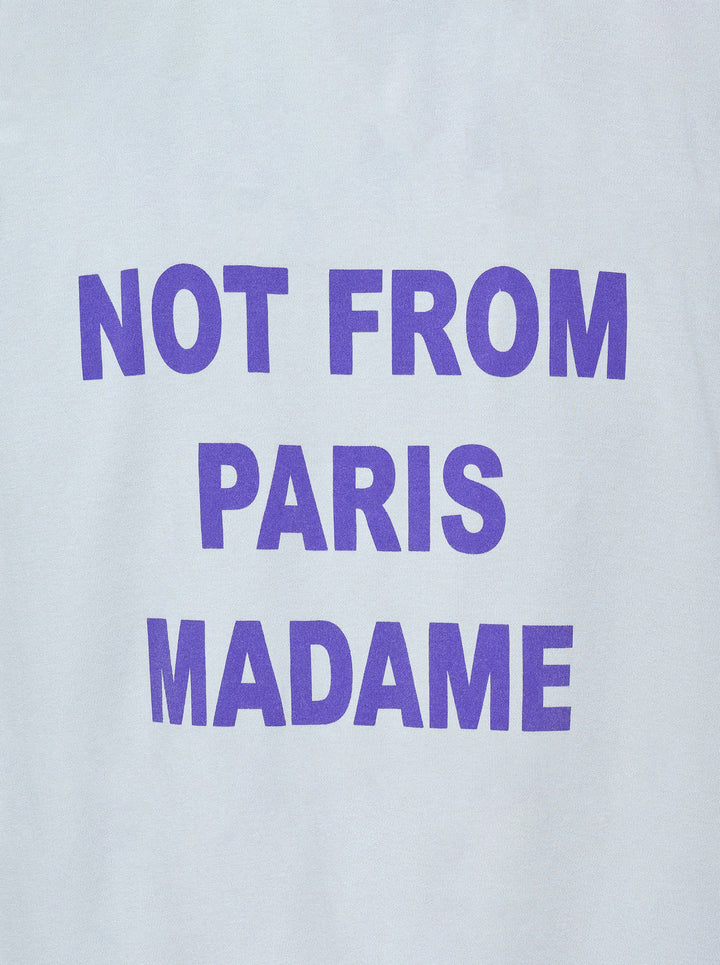 Drôle de Monsieur Not From Paris Madame pale grey oversized cotton tee with purple slogan print on the chest - view 4