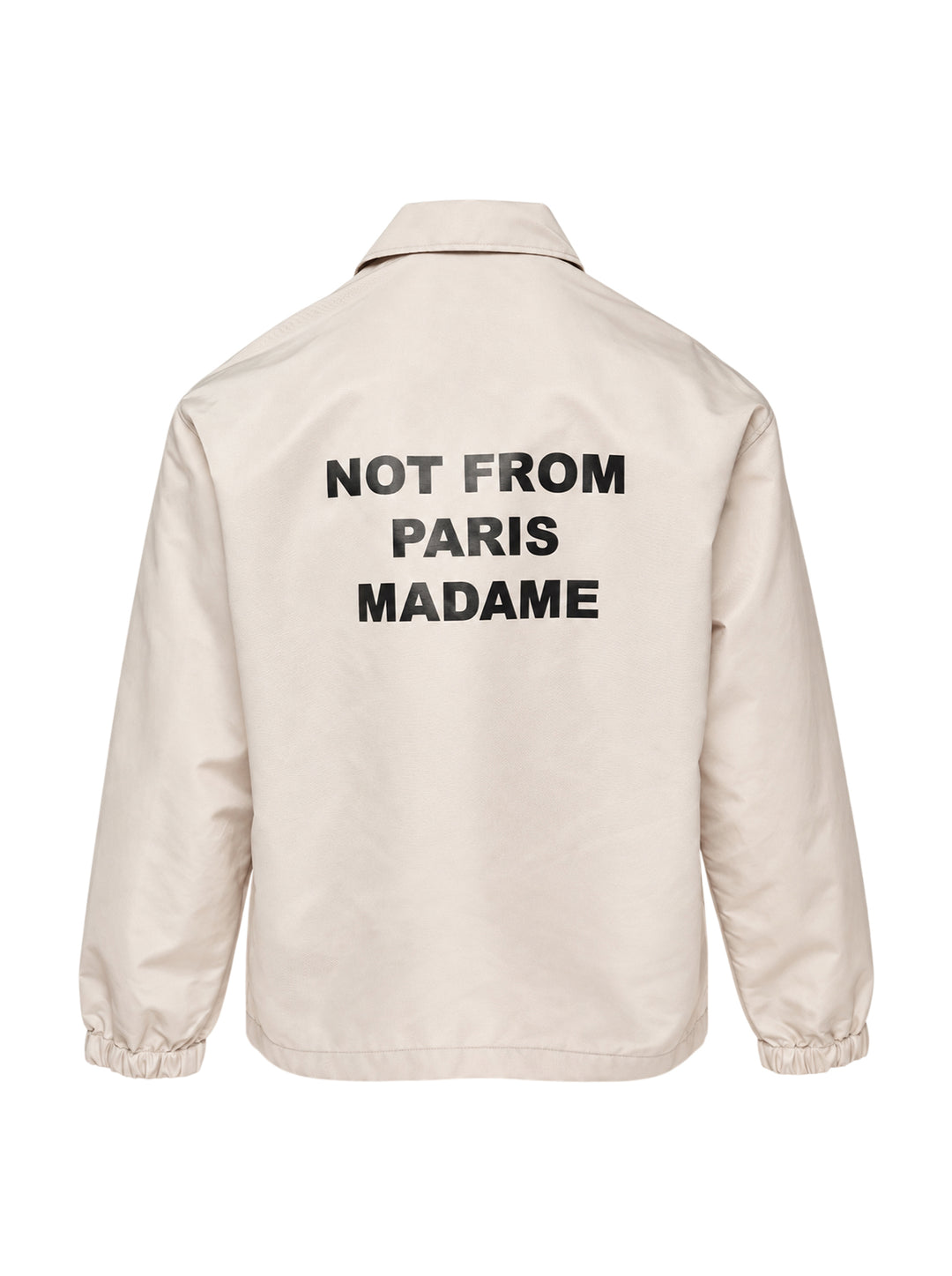 Drôle de Monsieur Not From Paris Madame slogan coach jacket in ecru with snap-button closure, point collar, elasticated cuffs, and embroidered chest slogan - view 2