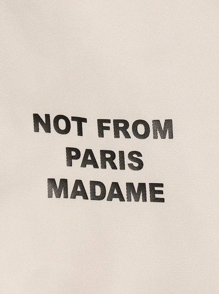 Drôle de Monsieur Not From Paris Madame slogan coach jacket in ecru with snap-button closure, point collar, elasticated cuffs, and embroidered chest slogan - view 3