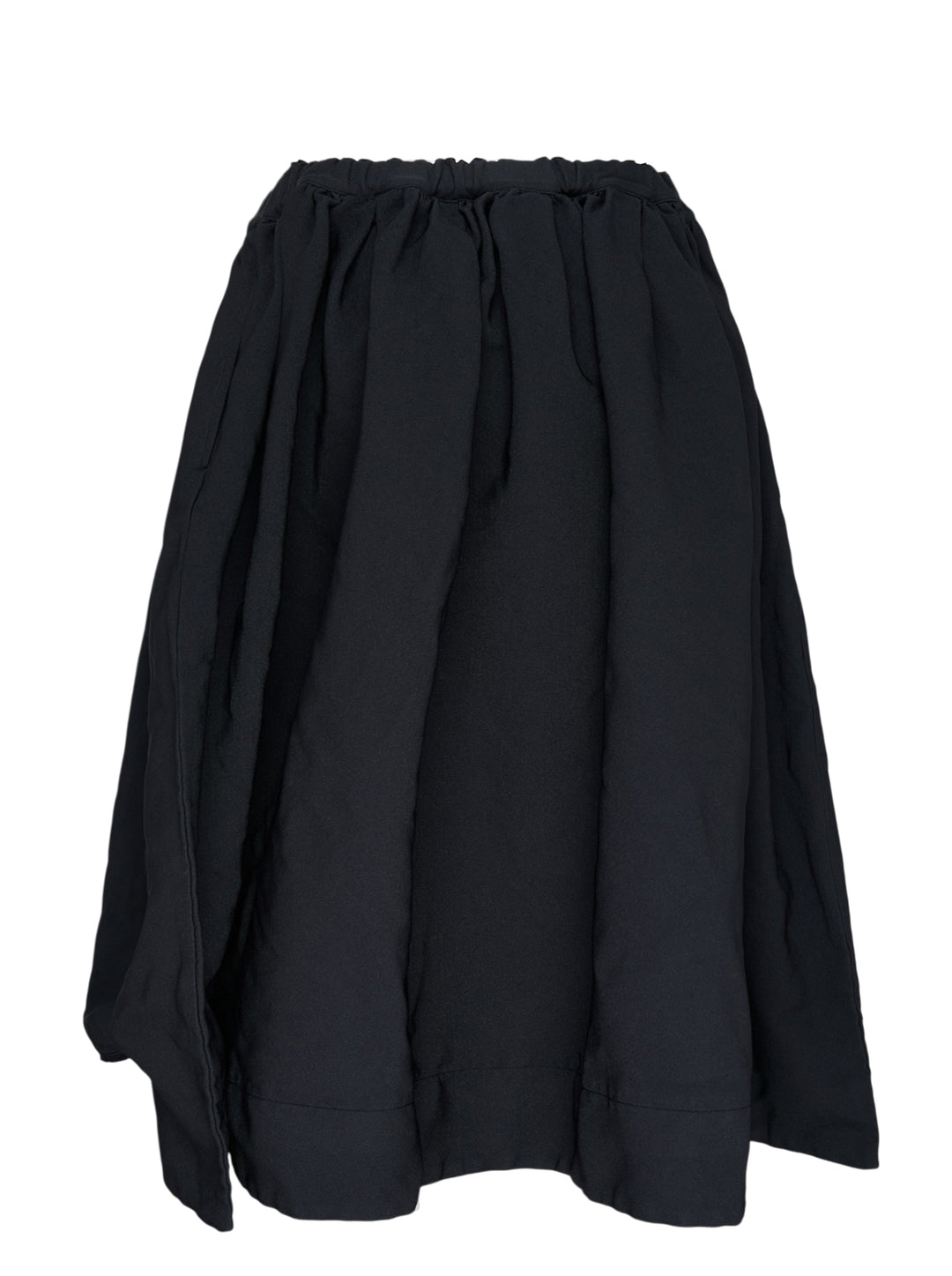 Comme des Garçons Comme des Garçons black garment-dyed polyester serge gathered midi skirt with elasticated waistband and raw-cut hem, shown flat on white background - view 2