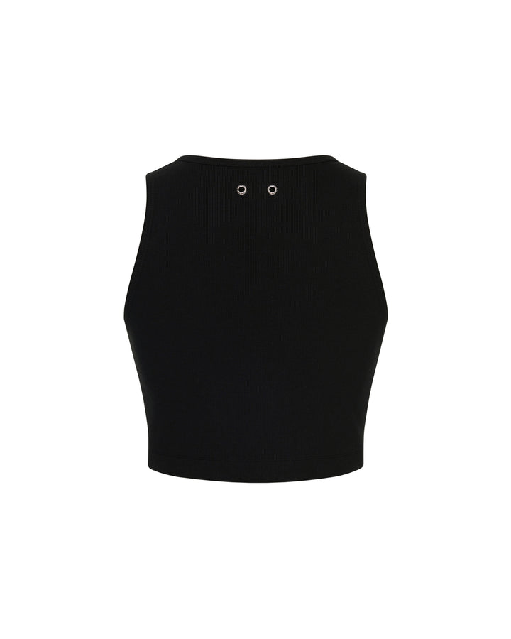 TEAM WANG design Original 1 Tank Top in black — a fitted ribbed crop tank with a centred logo print and round neckline, shown front-facing on a white background - view 2