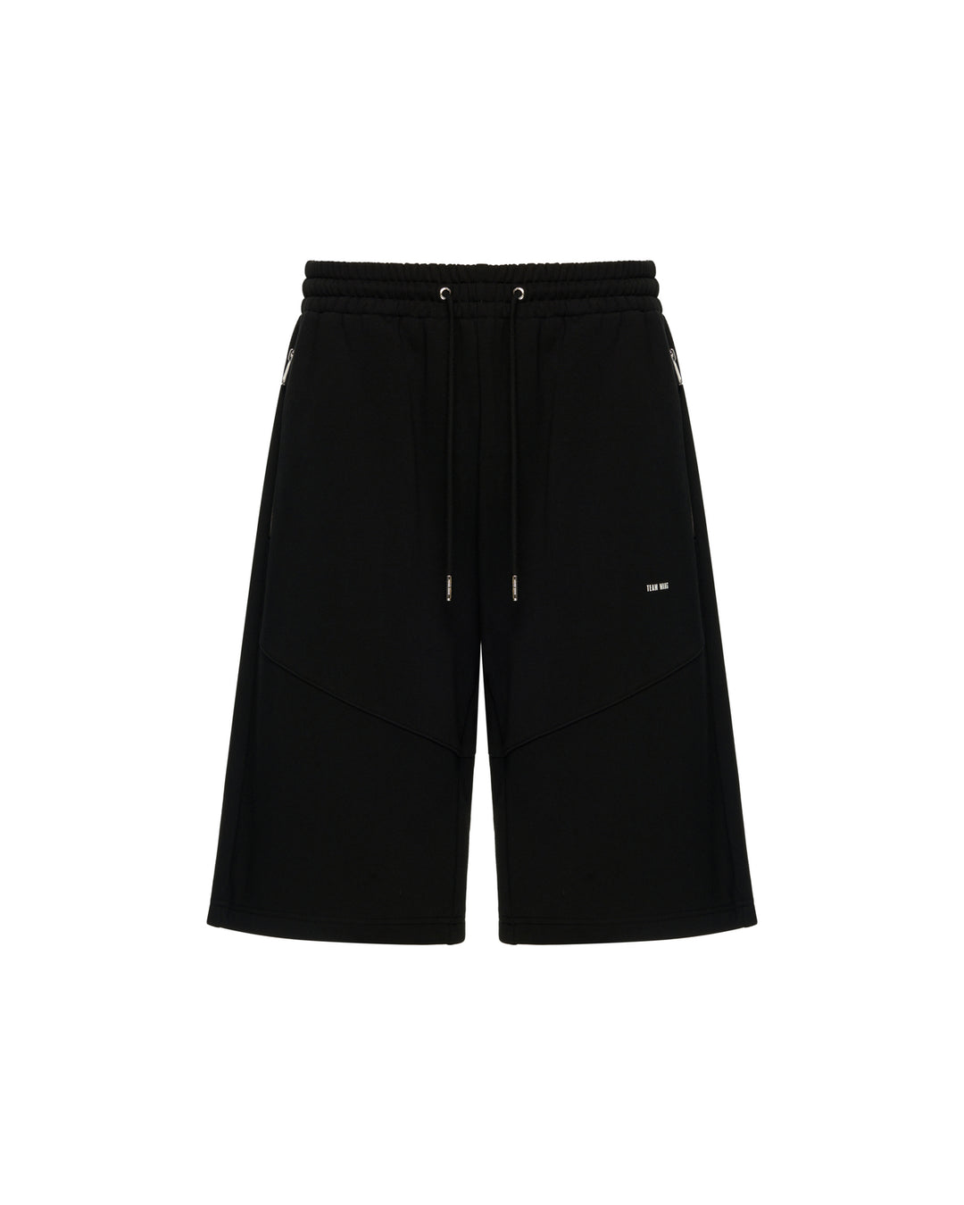 TEAM WANG design Original 1 Casual Shorts in black, featuring an elasticated drawstring waistband, zip side pockets, chevron panel seaming on the lower leg, and an embroidered logo at the hip