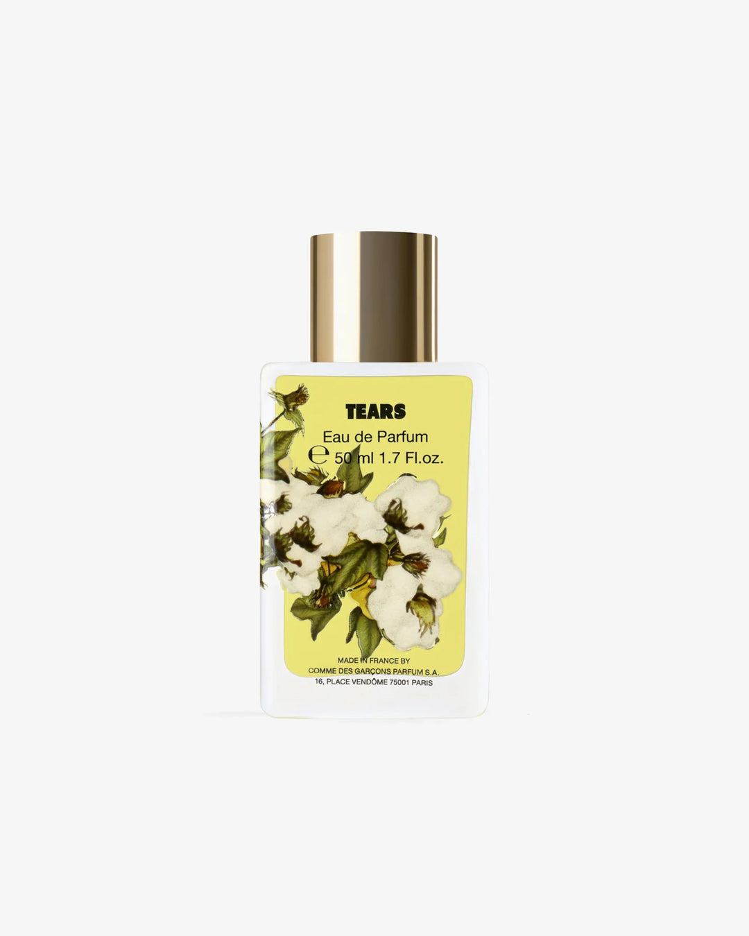 Tears Eau de Parfum 50ml by Comme des Garçons Parfums in a white glass bottle with a gold cap and yellow cotton blossom label