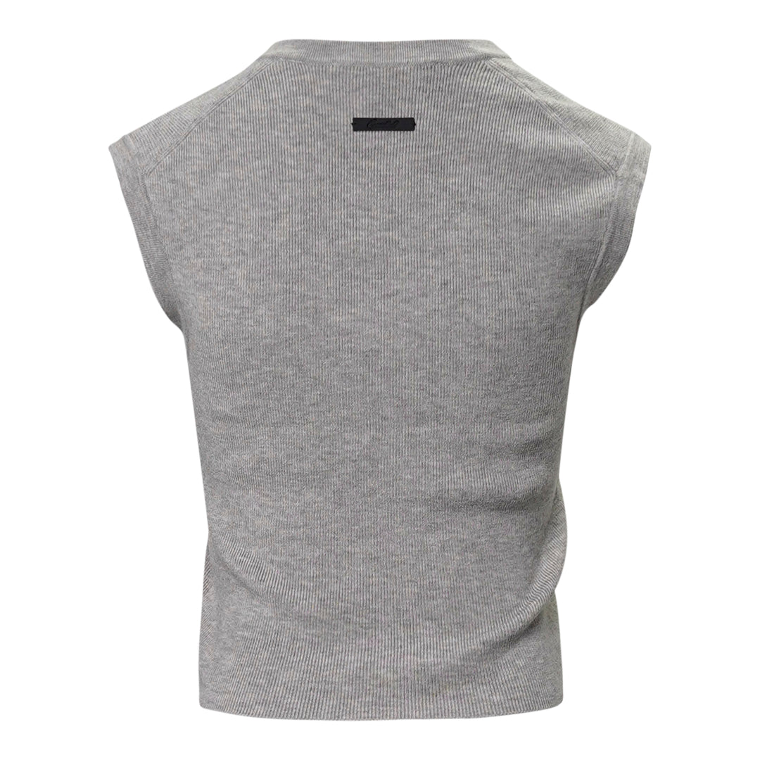 Fear of God Essentials women's heather grey fine rib-knit sleeveless cropped top with a V-neckline and structured shoulders, displayed flat on a white background - view 2