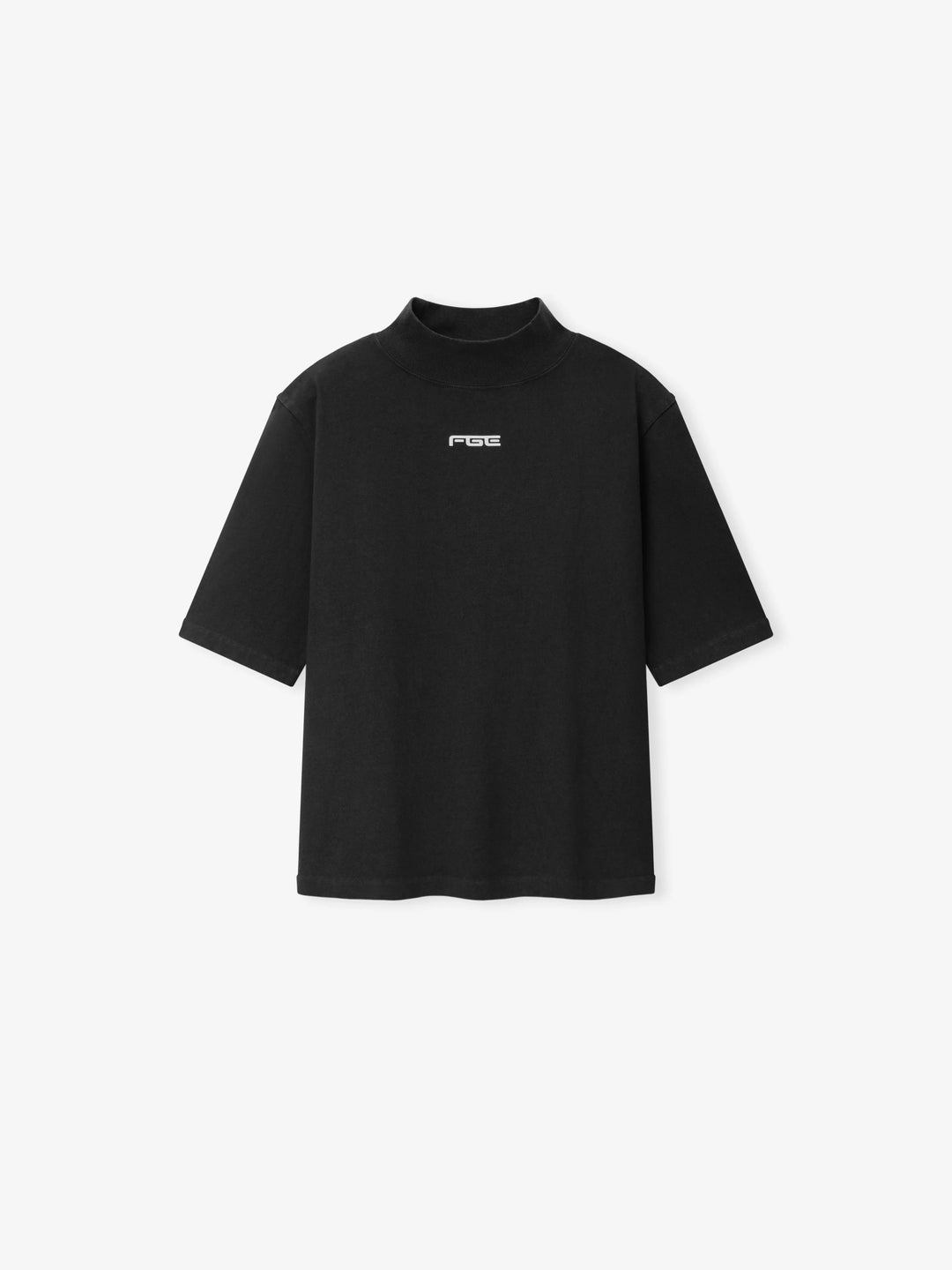 Fear of God ESSENTIALS women's slim mockneck tee in black with ribbed high neck, short sleeves and small white logo at the centre chest