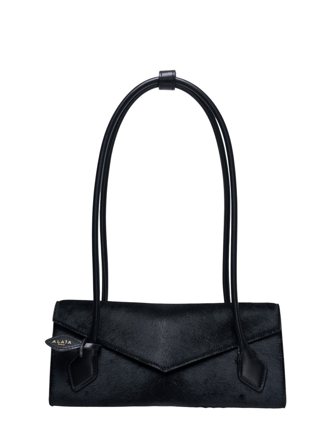 Alaïa Teckel Flap Small bag in black haircalf with sculptural double-looped handle and envelope flap closure, front view