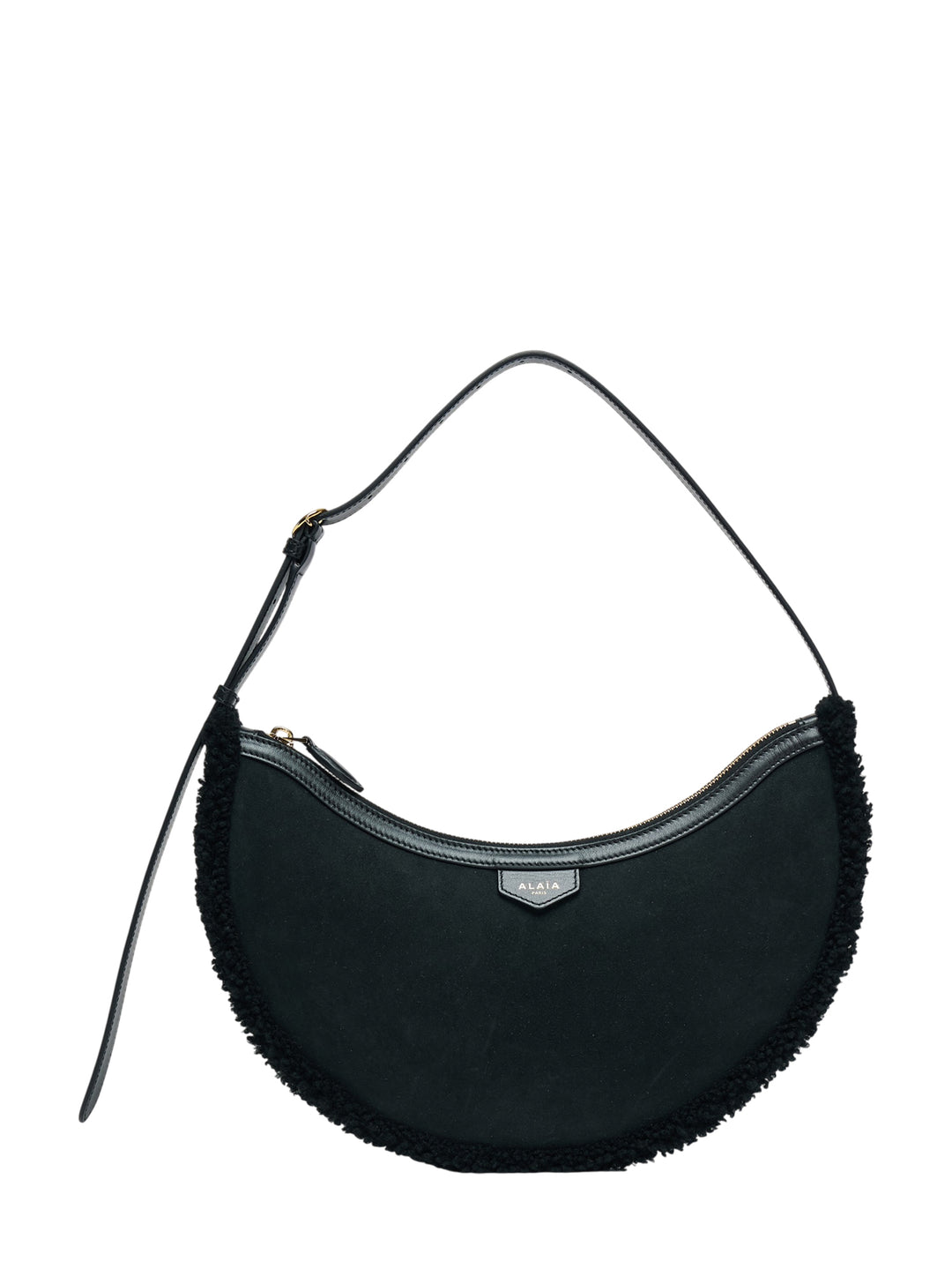 Alaïa Demi Lune black suede crescent shoulder bag with merino shearling trim and slim adjustable leather strap