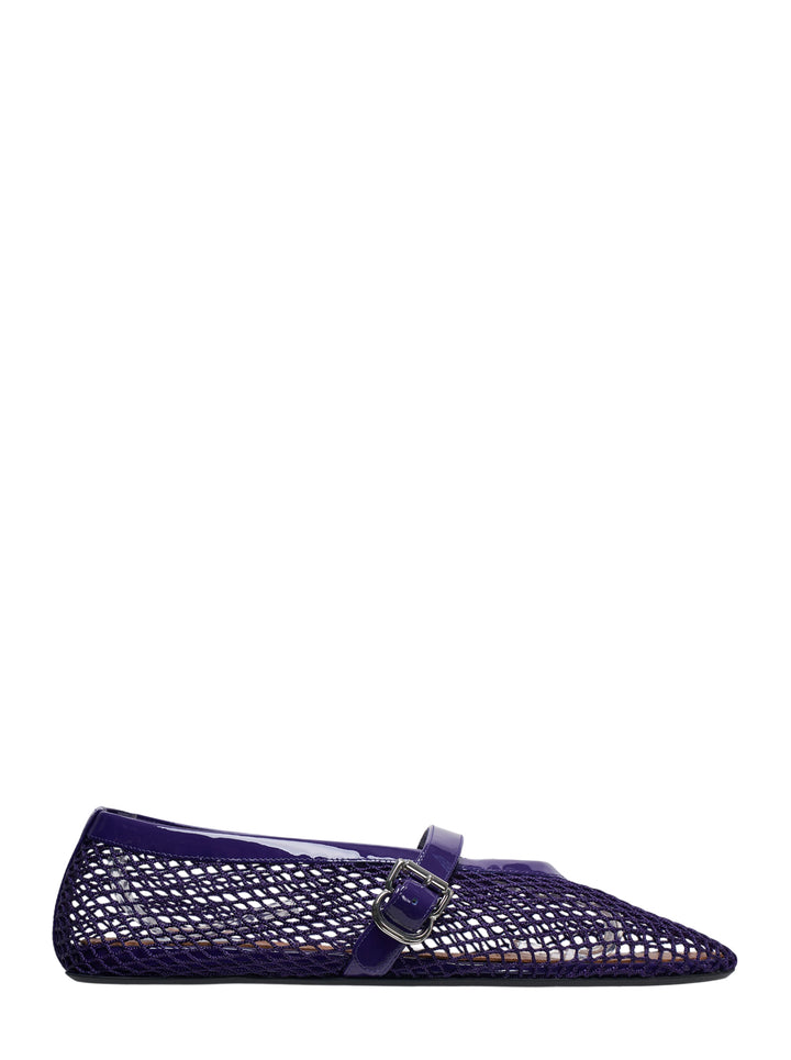 Alaïa violet fishnet mesh Mary Jane ballet flat with patent leather strap and silver buckle, pointed toe, side view