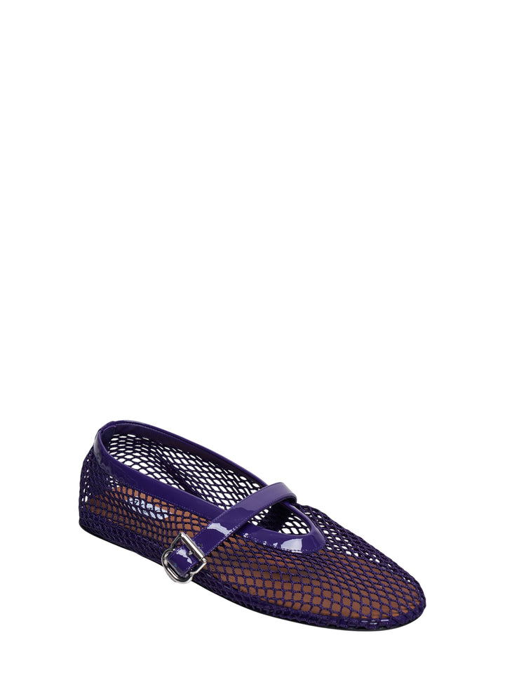 Alaïa violet fishnet mesh Mary Jane ballet flat with patent leather strap and silver buckle, pointed toe, side view - view 2