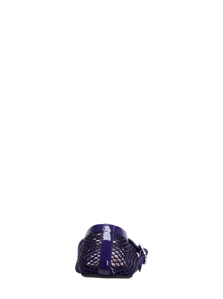 Alaïa violet fishnet mesh Mary Jane ballet flat with patent leather strap and silver buckle, pointed toe, side view - view 3