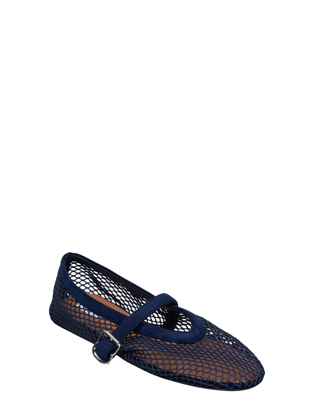 Alaïa navy fishnet Mary Jane flat with suede D-ring buckle strap and square toe, side view - view 2